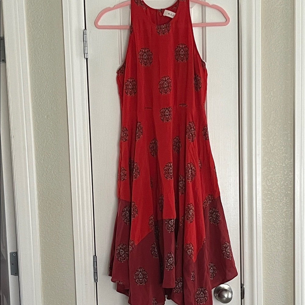 A.L.C. Silk Vibrant Red Dress with Intricate Pattern